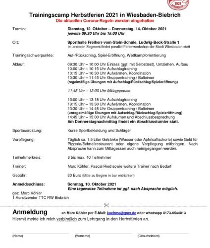 Trainingscamp Nachwuchs in den Herbstferien